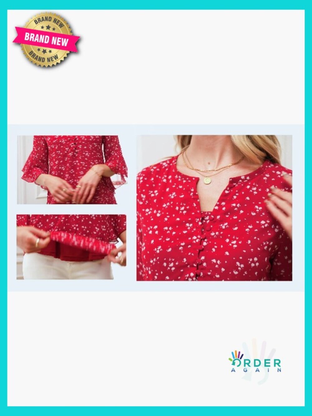 Floral V-Neck Button Down Blouse 3/4 Ruffle Sleeve Chic Casual Elegant Top - Picture 7 of 7